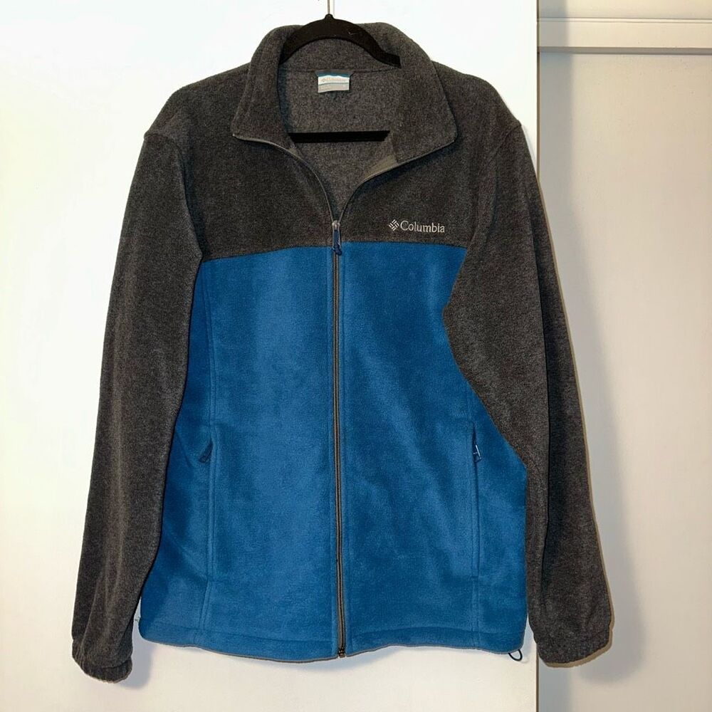 Columbia Medium Fleece Zipper Mock Neck Mens Jacket Charcoal Gray Blue Block EUC